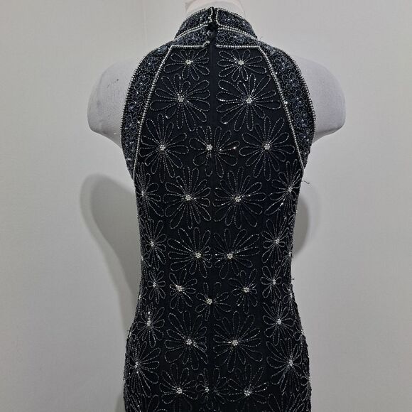 Vintage Adrianna Papell Silk Floral Beaded Y2K Romantic Goth Maxi Dress Black - Picture 16 of 17